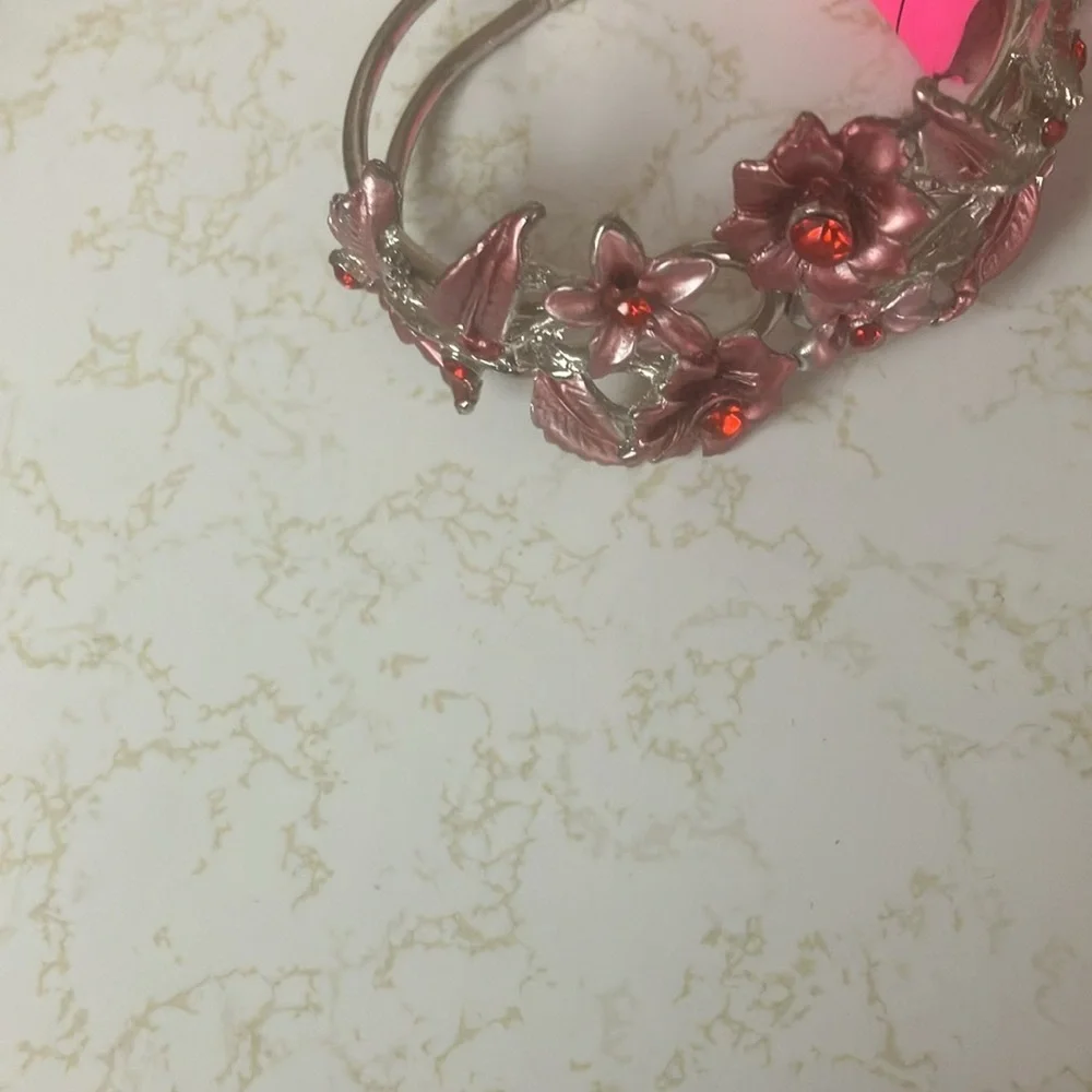 Floral Pink and Silver hinged enamel Bracelet